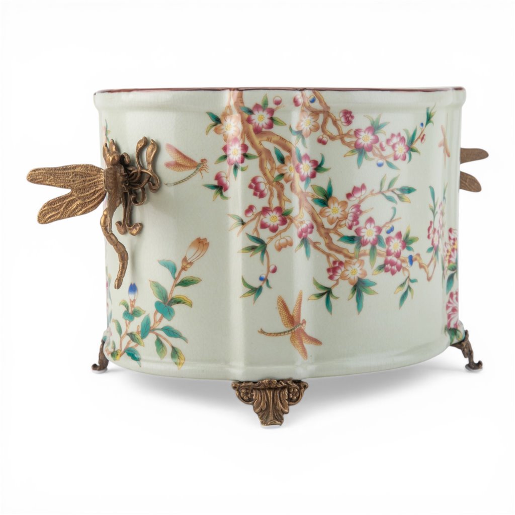 Danny's Fine Porcelain Home Decor Danny's Fine Porcelain Porcelain Oval Planter with Ormolu Dragonfly Handles-Floral Vine