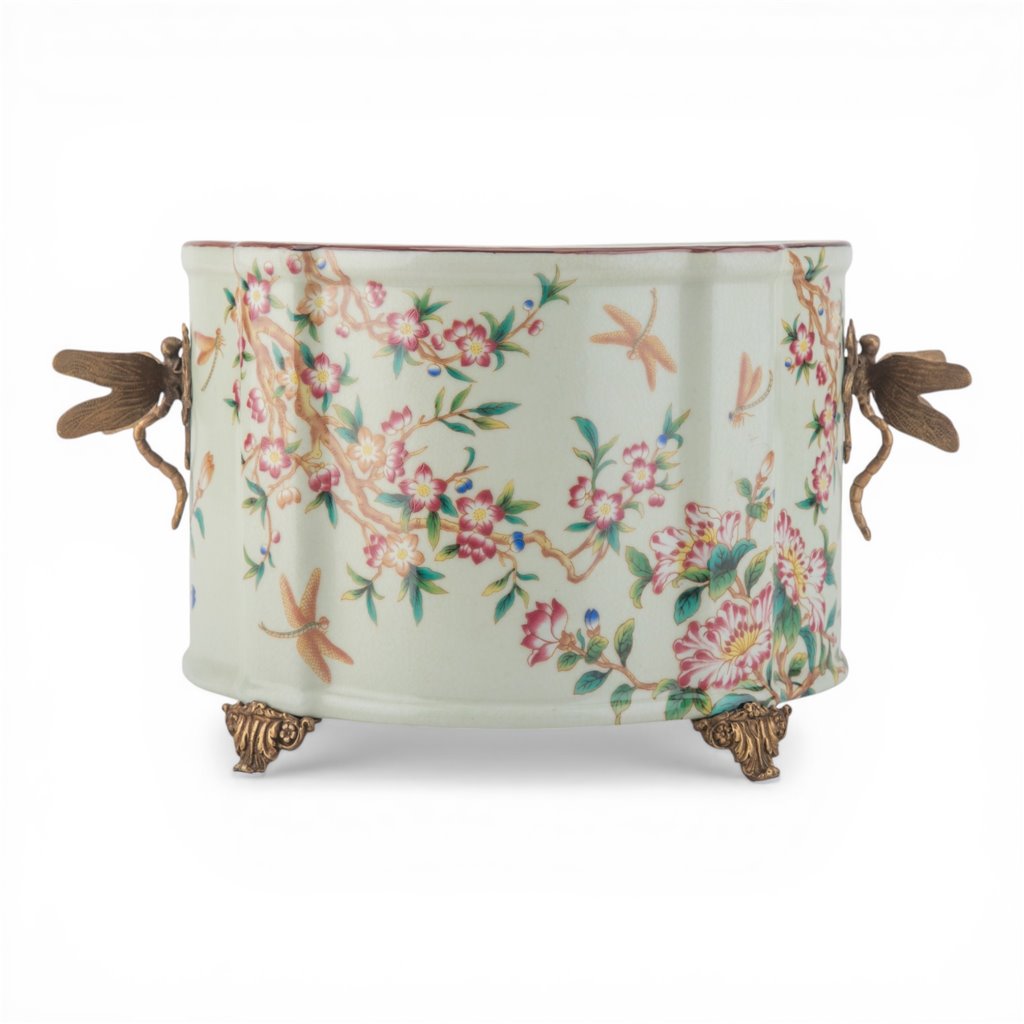 Danny's Fine Porcelain Home Decor Danny's Fine Porcelain Porcelain Oval Planter with Ormolu Dragonfly Handles-Floral Vine