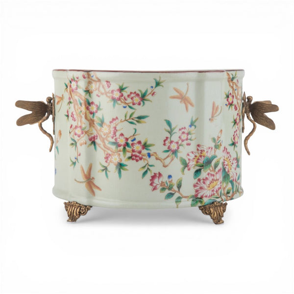 Danny's Fine Porcelain Home Decor Danny's Fine Porcelain Porcelain Oval Planter with Ormolu Dragonfly Handles-Floral Vine