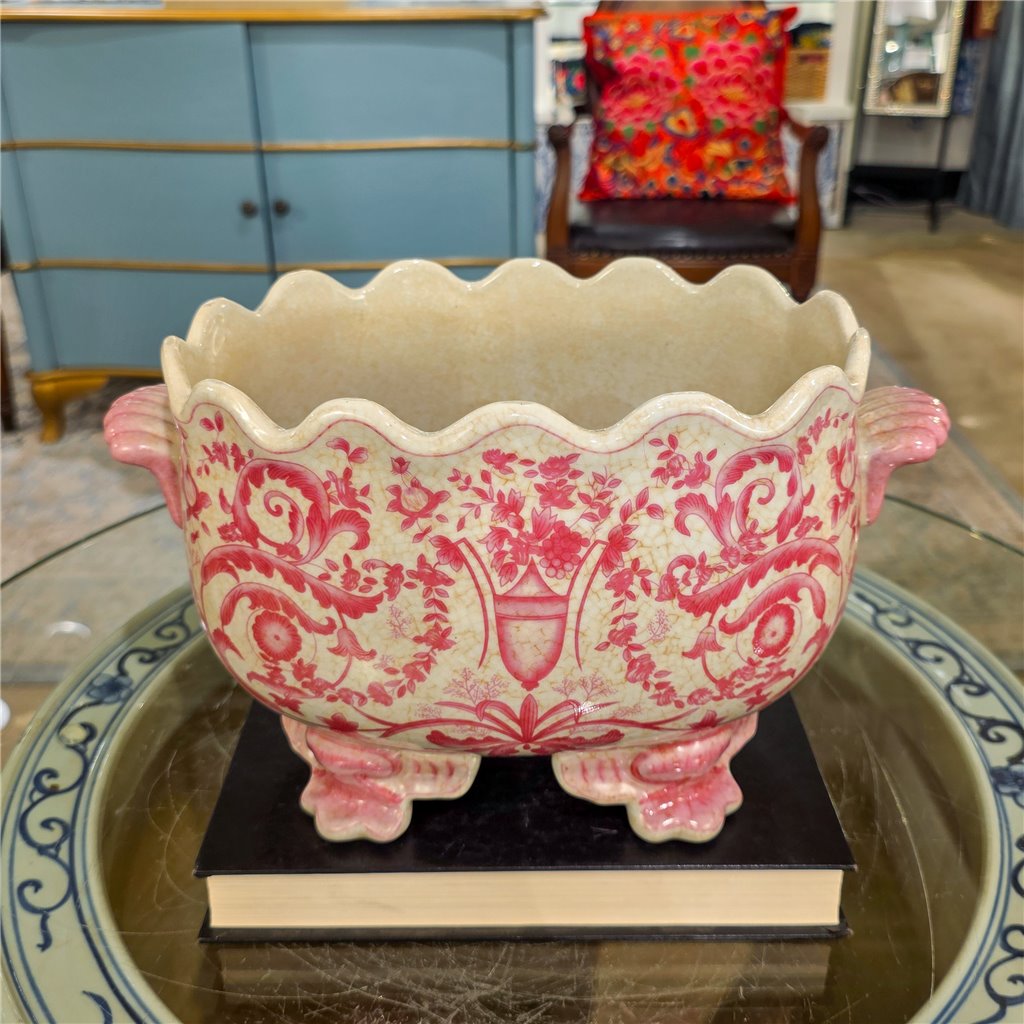 Danny's Fine Porcelain Home Decor Danny's Fine Porcelain Porcelain Oval Planter with Scroll Feet-Pink Floral