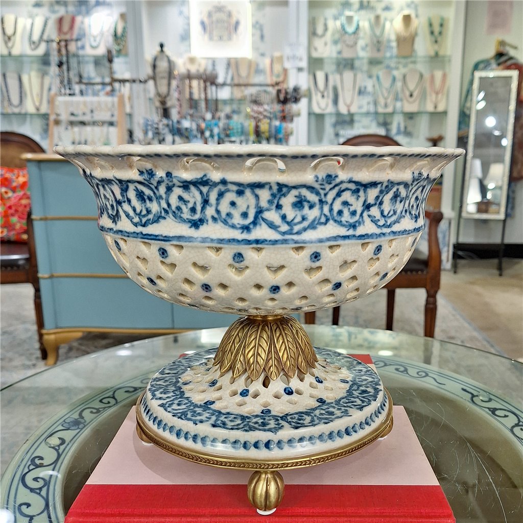 Danny's Fine Porcelain Home Decor Danny's Fine Porcelain Porcelain Pierced Pedestal Bowl with Bronze Ormolu - Blue Scroll