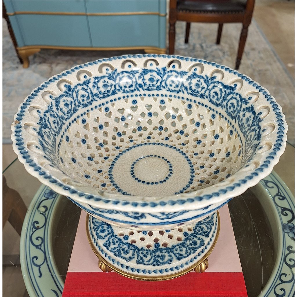 Danny's Fine Porcelain Home Decor Danny's Fine Porcelain Porcelain Pierced Pedestal Bowl with Bronze Ormolu - Blue Scroll