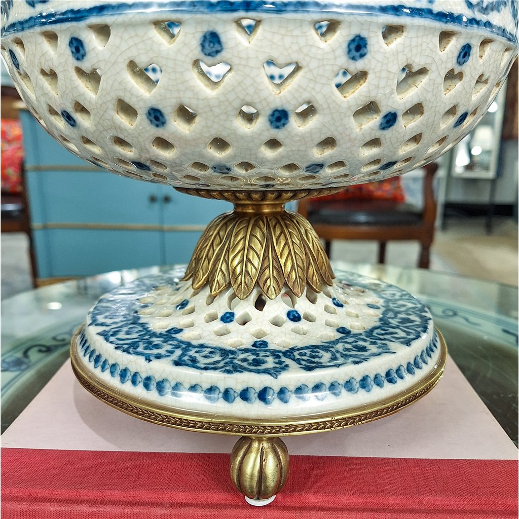 Danny's Fine Porcelain Home Decor Danny's Fine Porcelain Porcelain Pierced Pedestal Bowl with Bronze Ormolu - Blue Scroll