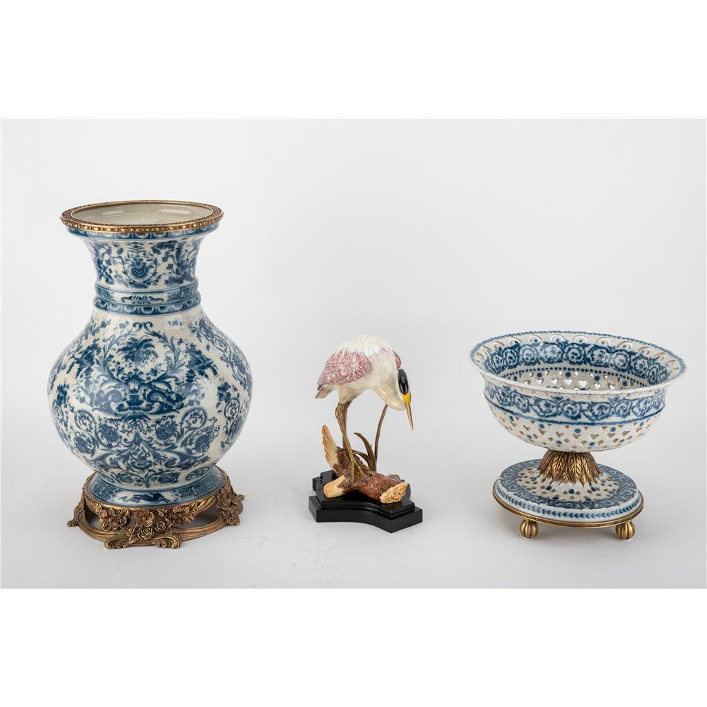 Danny's Fine Porcelain Home Decor Danny's Fine Porcelain Porcelain Pierced Pedestal Bowl with Bronze Ormolu - Blue Scroll