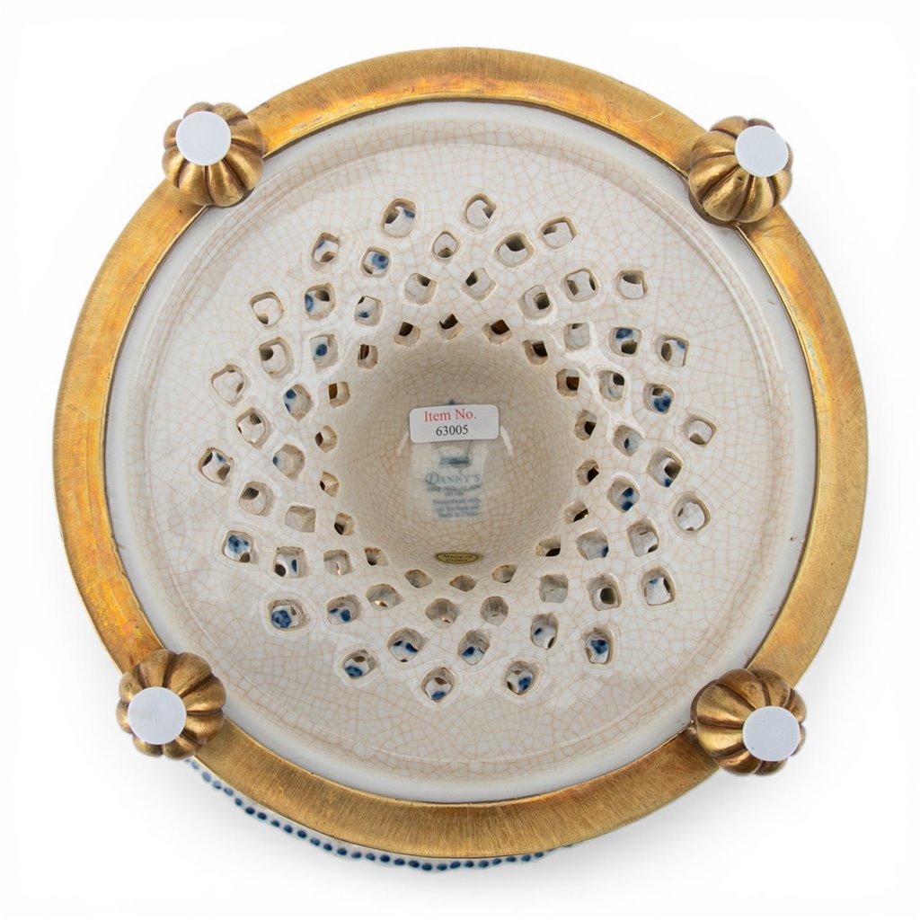 Danny's Fine Porcelain Home Decor Danny's Fine Porcelain Porcelain Pierced Pedestal Bowl with Bronze Ormolu - Blue Scroll