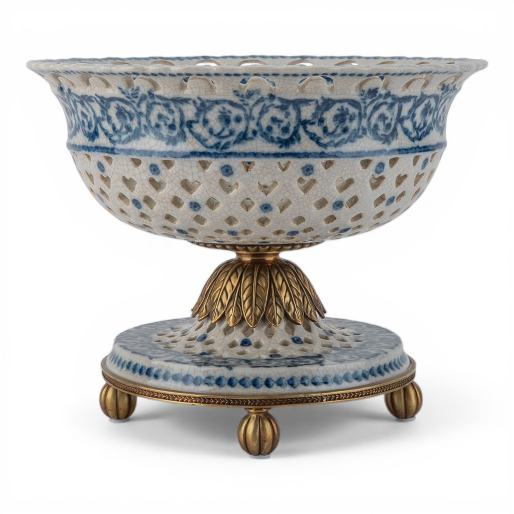 Danny's Fine Porcelain Home Decor Danny's Fine Porcelain Porcelain Pierced Pedestal Bowl with Bronze Ormolu - Blue Scroll