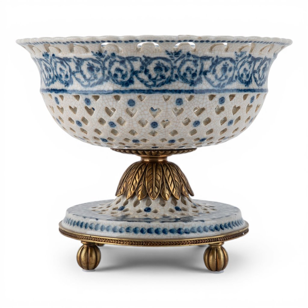 Danny's Fine Porcelain Home Decor Danny's Fine Porcelain Porcelain Pierced Pedestal Bowl with Bronze Ormolu - Blue Scroll