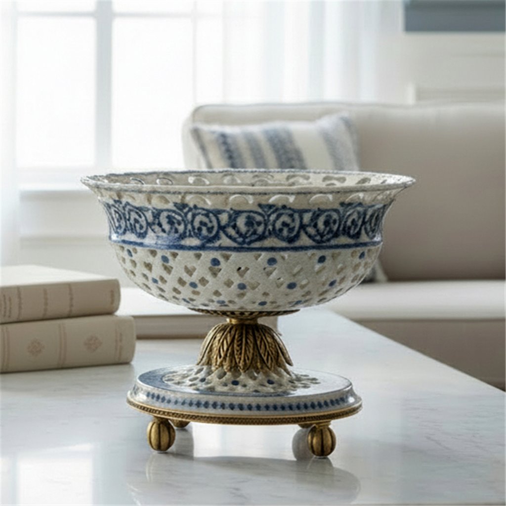 Danny's Fine Porcelain Home Decor Danny's Fine Porcelain Porcelain Pierced Pedestal Bowl with Bronze Ormolu - Blue Scroll