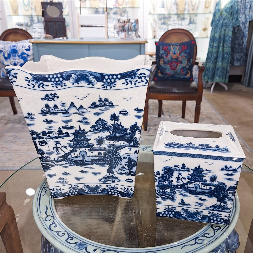 Danny's Fine Porcelain Home Decor Danny's Fine Porcelain Porcelain Rectangular Waste Bin In Blue Willow Pattern 14252