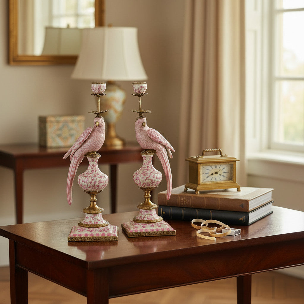 Danny's Fine Porcelain Home Decor Danny's Fine Porcelain Porcelain Right-Facing Parrot Candle Holder with Ormolu-Pink Floral