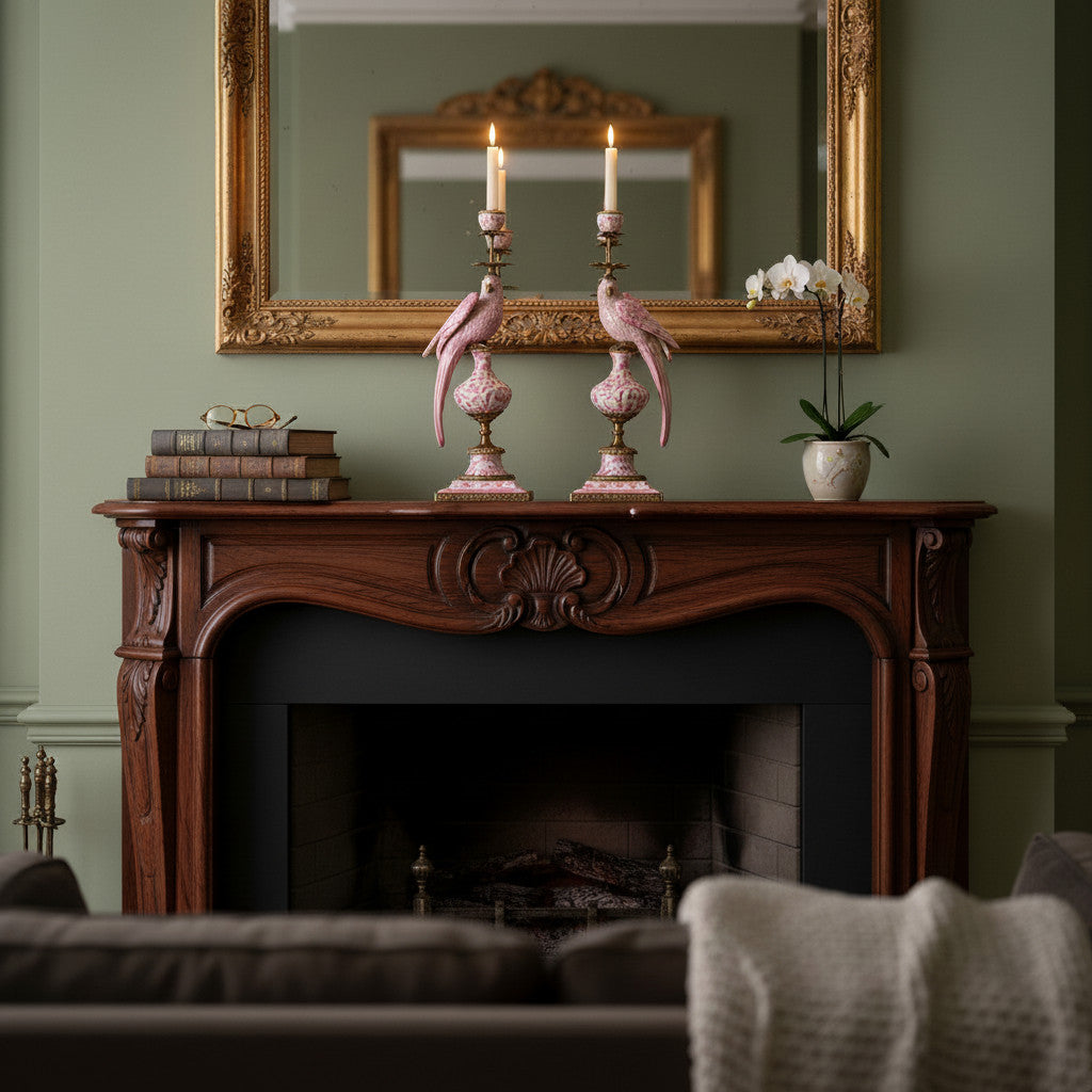 Danny's Fine Porcelain Home Decor Danny's Fine Porcelain Porcelain Right-Facing Parrot Candle Holder with Ormolu-Pink Floral