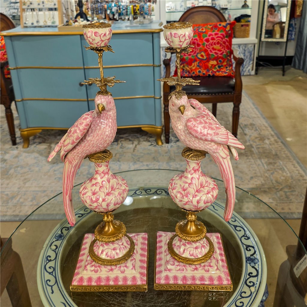 Danny's Fine Porcelain Home Decor Danny's Fine Porcelain Porcelain Right-Facing Parrot Candle Holder with Ormolu-Pink Floral