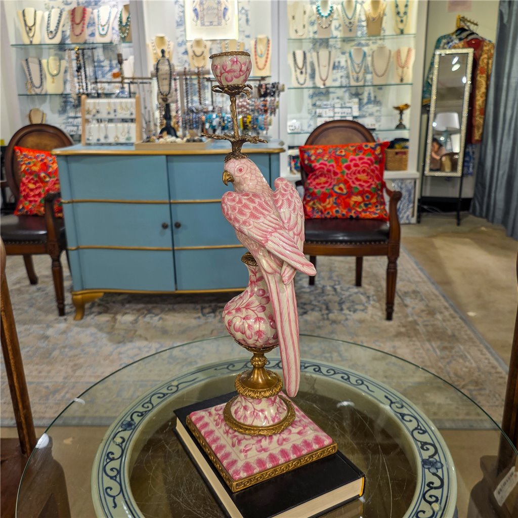 Danny's Fine Porcelain Home Decor Danny's Fine Porcelain Porcelain Right-Facing Parrot Candle Holder with Ormolu-Pink Floral