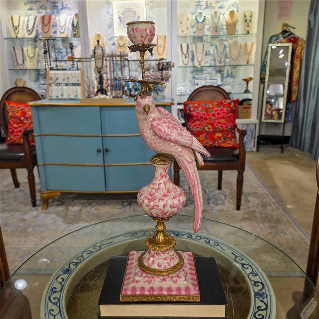 Danny's Fine Porcelain Home Decor Danny's Fine Porcelain Porcelain Right-Facing Parrot Candle Holder with Ormolu-Pink Floral