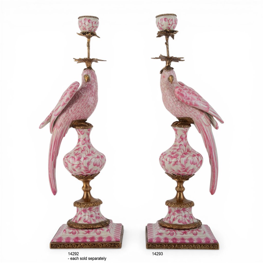 Danny's Fine Porcelain Home Decor Danny's Fine Porcelain Porcelain Right-Facing Parrot Candle Holder with Ormolu-Pink Floral