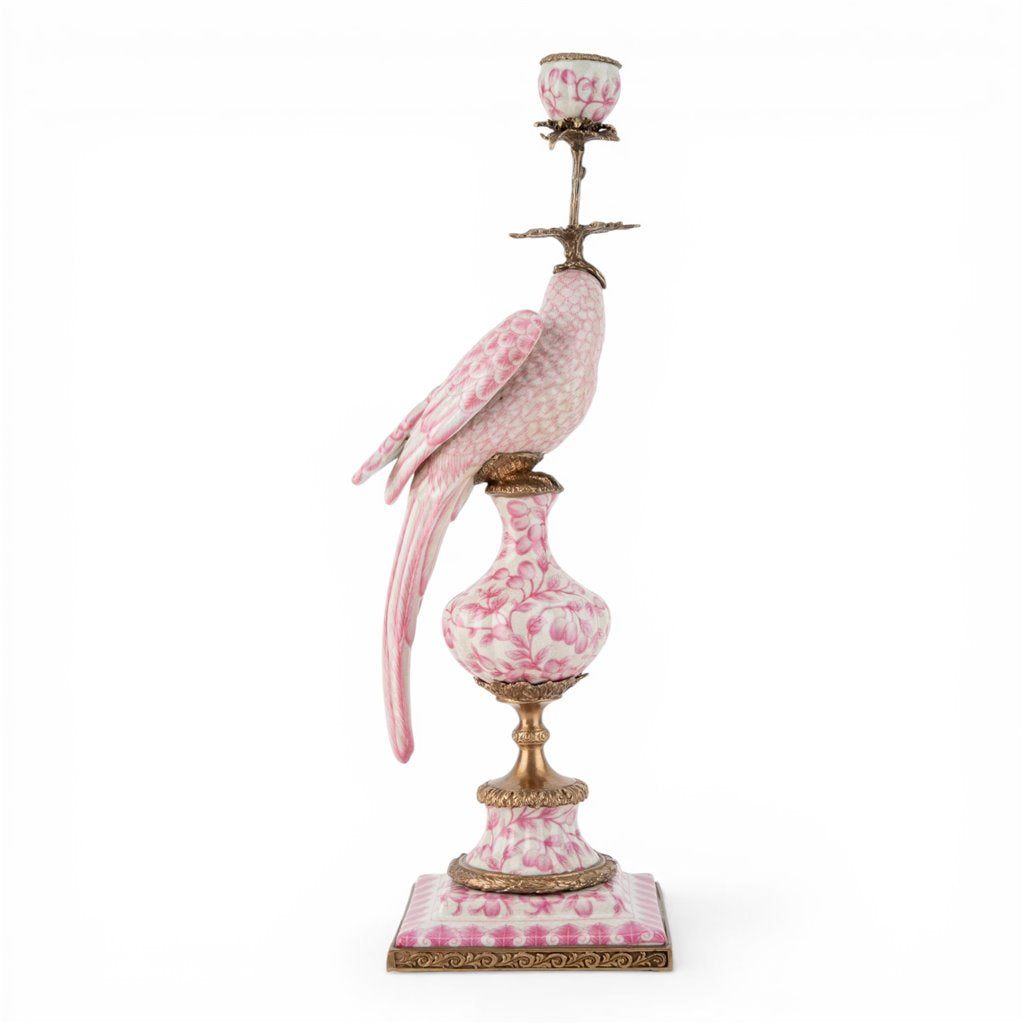 Danny's Fine Porcelain Home Decor Danny's Fine Porcelain Porcelain Right-Facing Parrot Candle Holder with Ormolu-Pink Floral