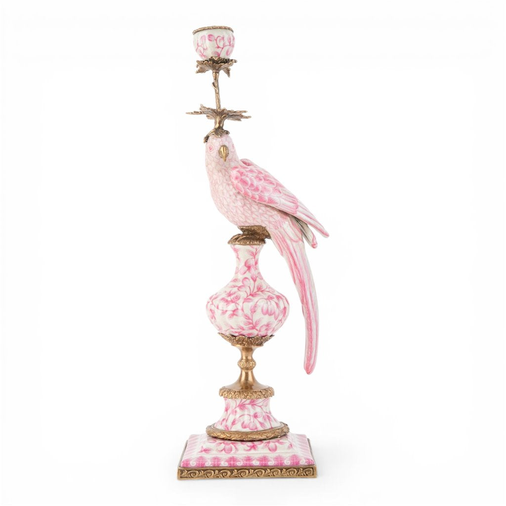 Danny's Fine Porcelain Home Decor Danny's Fine Porcelain Porcelain Right-Facing Parrot Candle Holder with Ormolu-Pink Floral