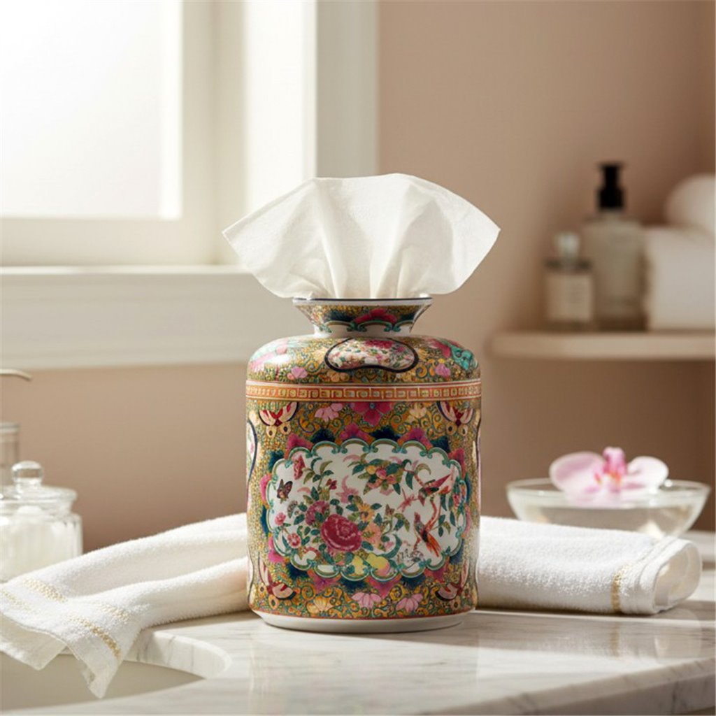 Danny's Fine Porcelain Home Decor Danny's Fine Porcelain Porcelain Round Tissue Box In Rose Medallion Canton