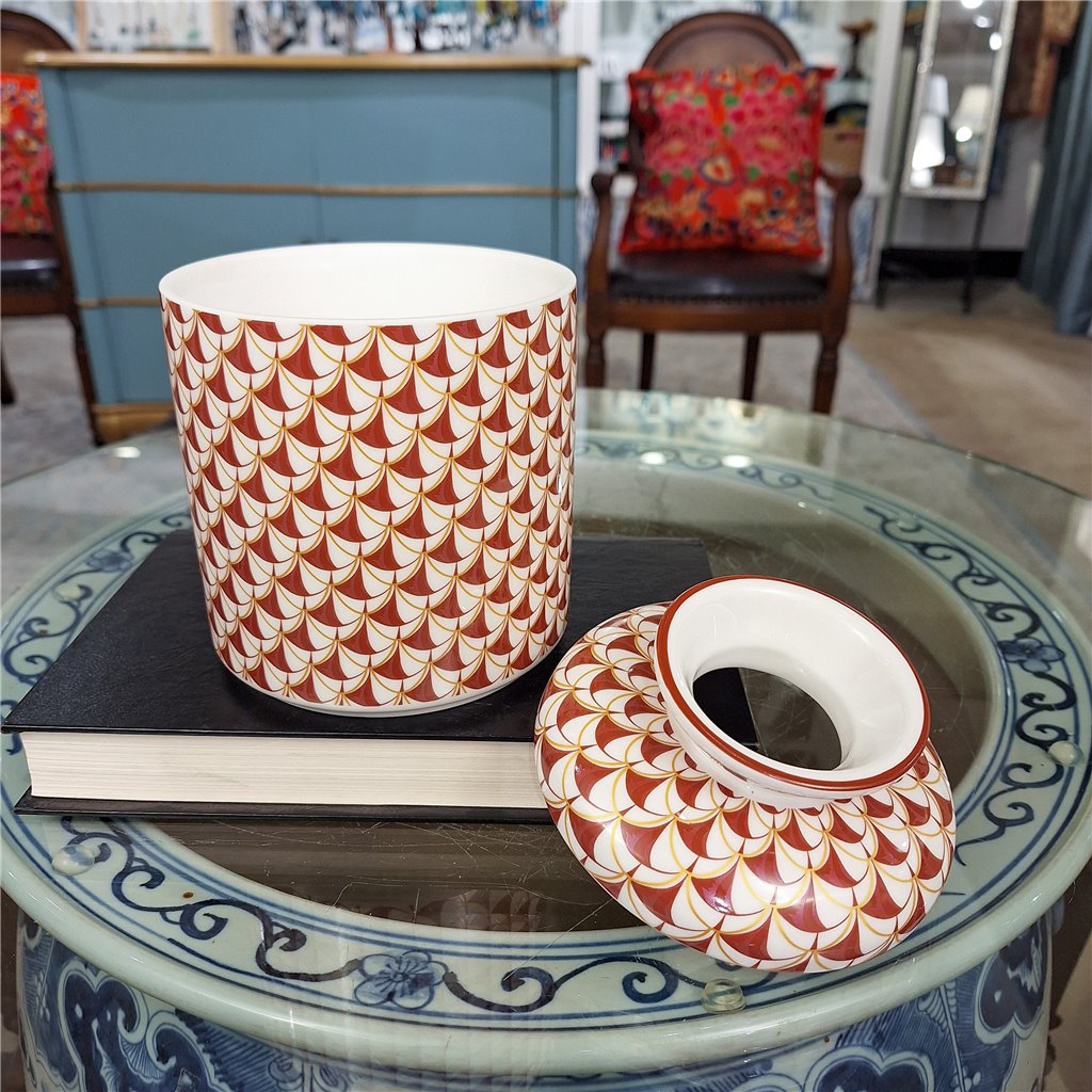 Danny's Fine Porcelain Home Decor Danny's Fine Porcelain Porcelain Round Tissue Box-Red Rust Fishnet