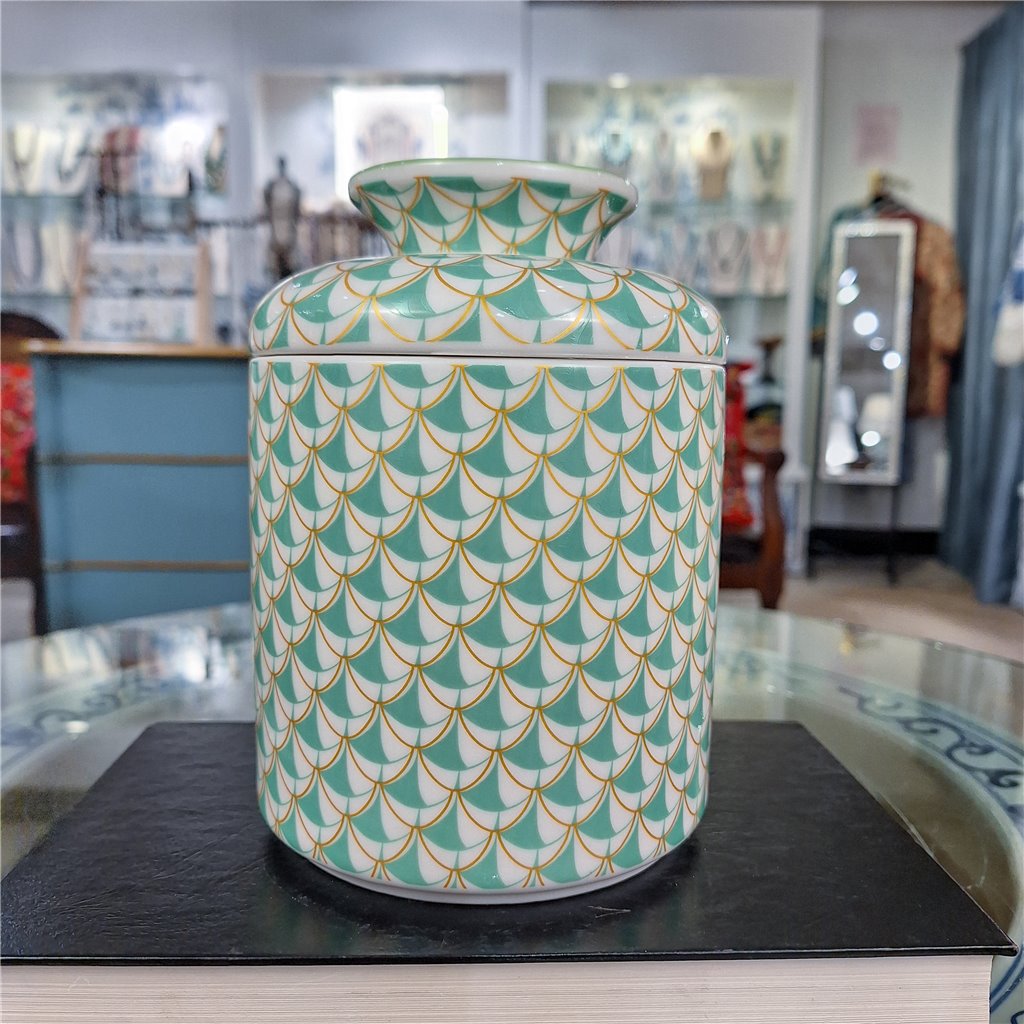 Danny's Fine Porcelain Home Decor Danny's Fine Porcelain Porcelain Round Tissue Box-Teal Fishnet