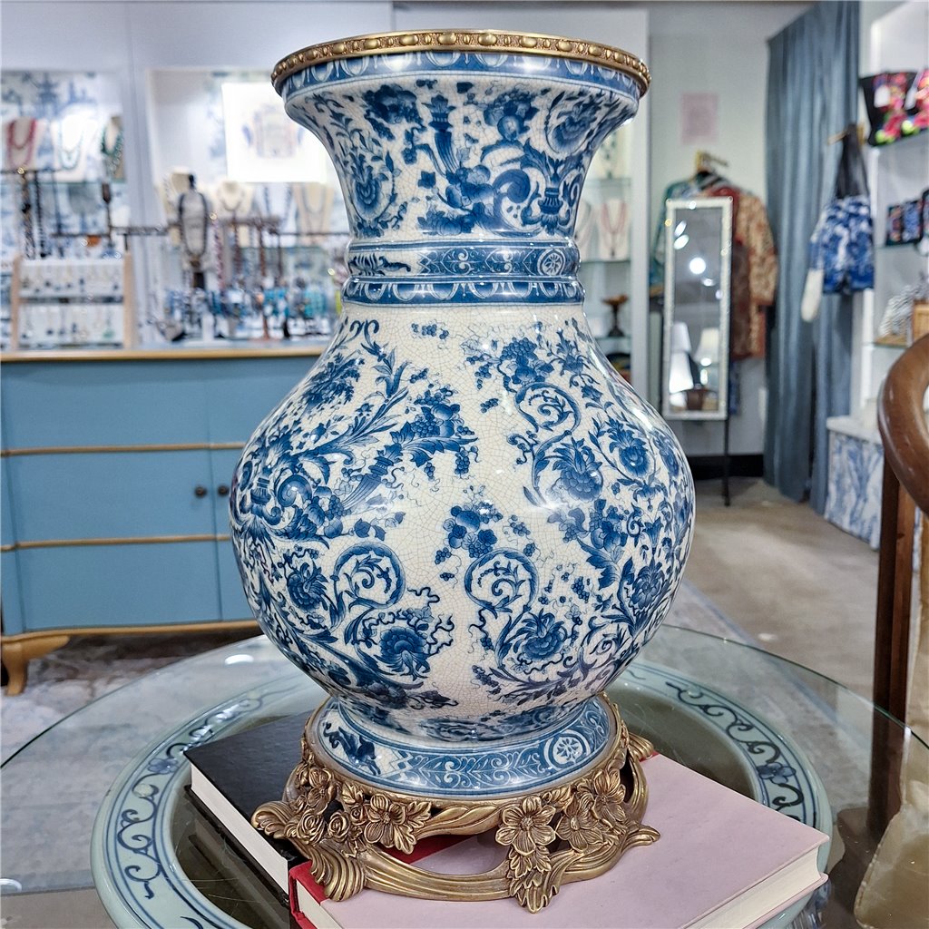 Danny's Fine Porcelain Home Decor Danny's Fine Porcelain Porcelain Round Vase with Bronze Ormolu - Blue Scroll
