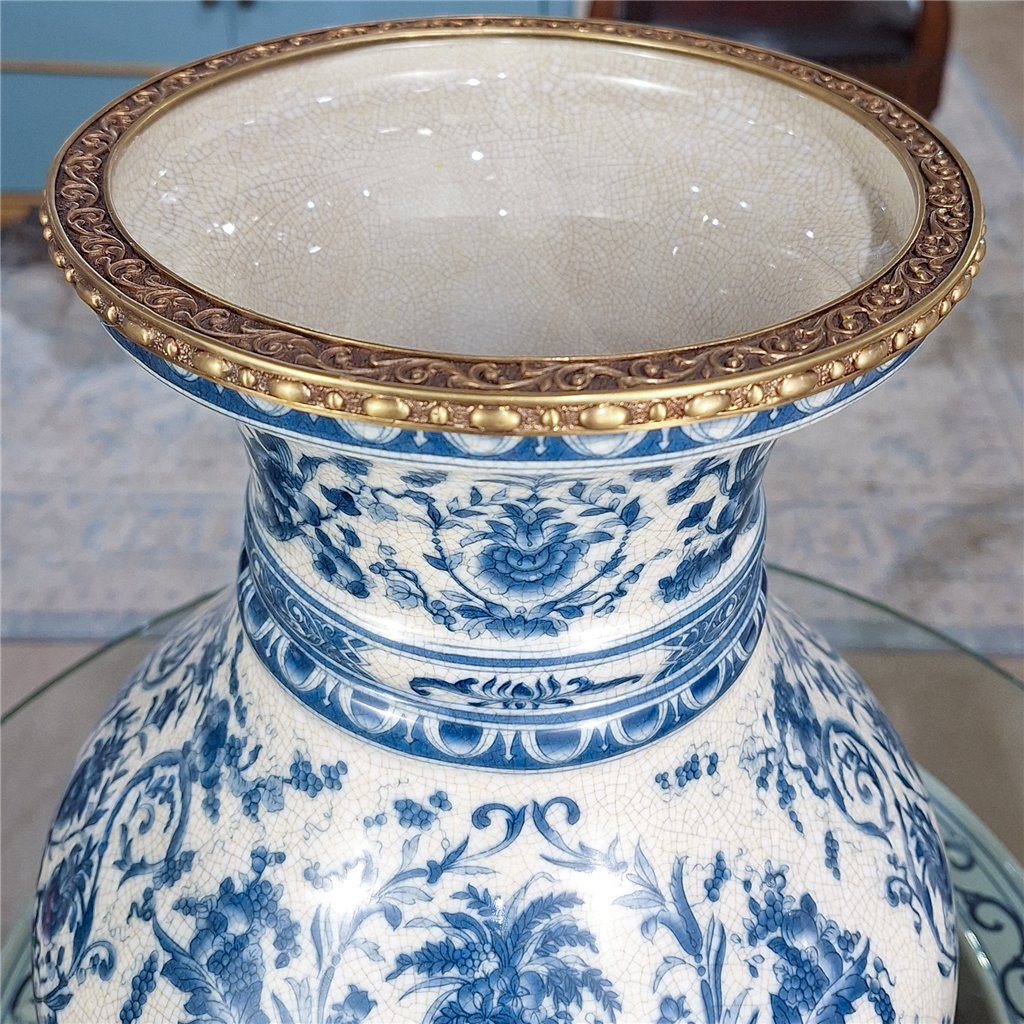 Danny's Fine Porcelain Home Decor Danny's Fine Porcelain Porcelain Round Vase with Bronze Ormolu - Blue Scroll