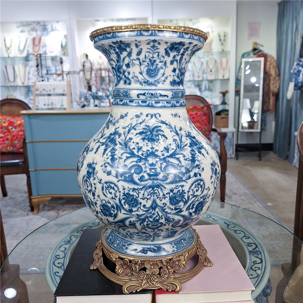 Danny's Fine Porcelain Home Decor Danny's Fine Porcelain Porcelain Round Vase with Bronze Ormolu - Blue Scroll