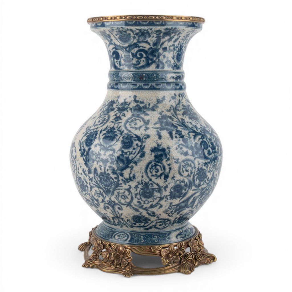 Danny's Fine Porcelain Home Decor Danny's Fine Porcelain Porcelain Round Vase with Bronze Ormolu - Blue Scroll