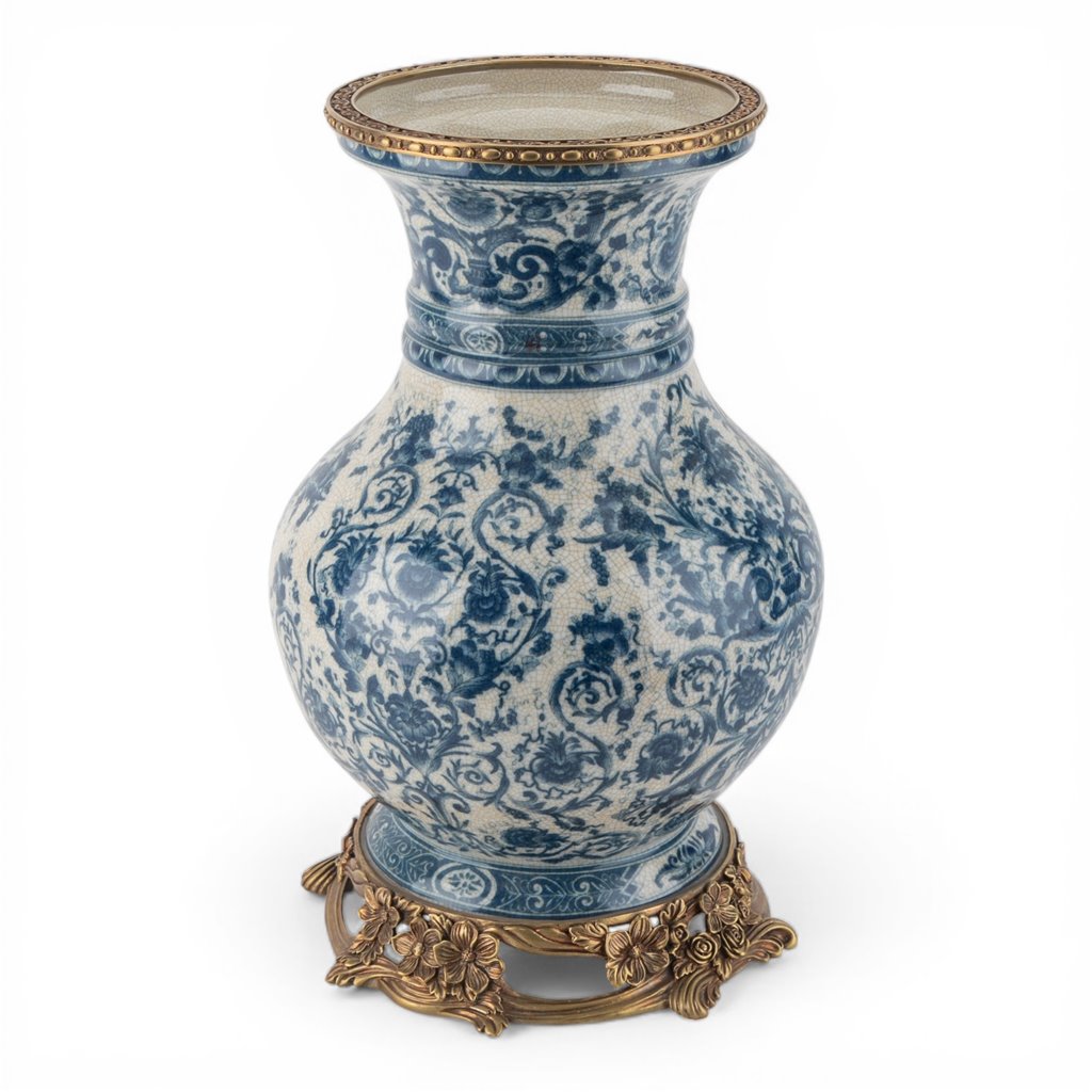 Danny's Fine Porcelain Home Decor Danny's Fine Porcelain Porcelain Round Vase with Bronze Ormolu - Blue Scroll