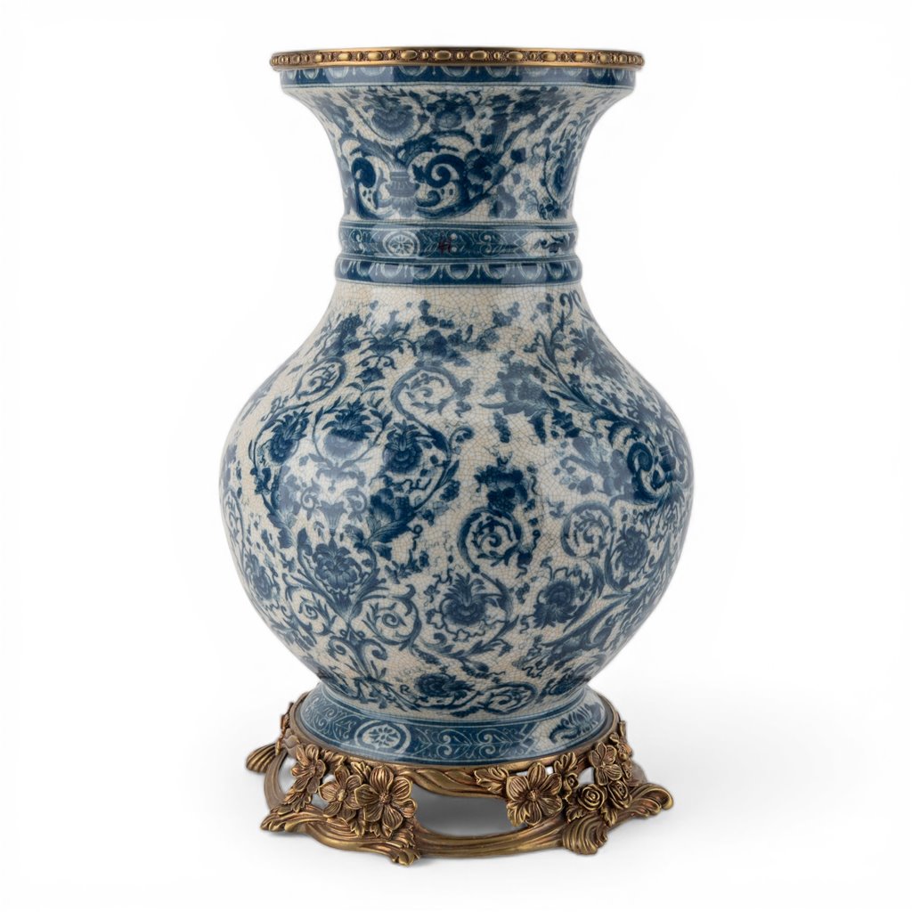 Danny's Fine Porcelain Home Decor Danny's Fine Porcelain Porcelain Round Vase with Bronze Ormolu - Blue Scroll