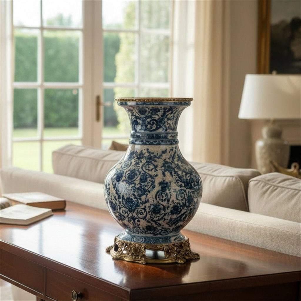 Danny's Fine Porcelain Home Decor Danny's Fine Porcelain Porcelain Round Vase with Bronze Ormolu - Blue Scroll