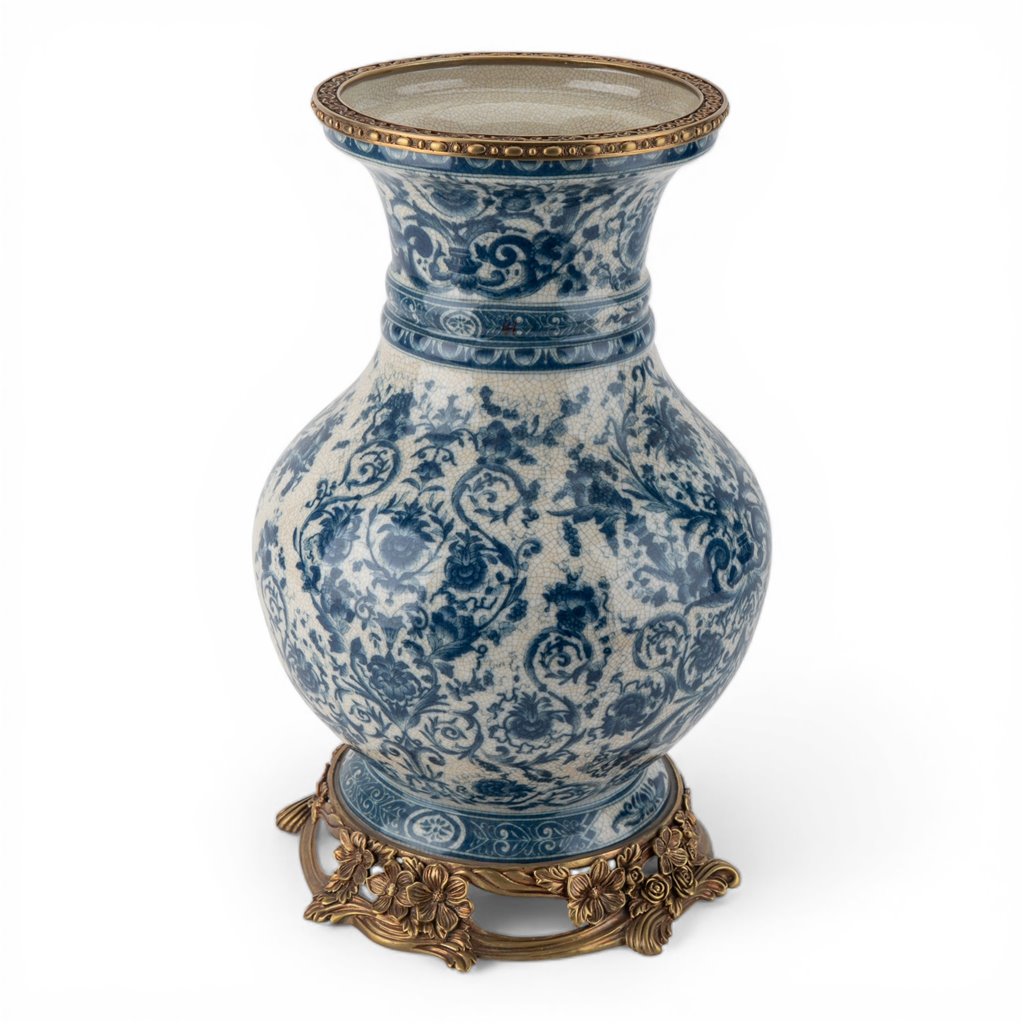 Danny's Fine Porcelain Home Decor Danny's Fine Porcelain Porcelain Round Vase with Bronze Ormolu - Blue Scroll