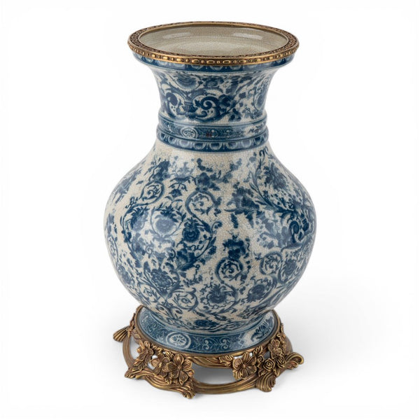 Danny's Fine Porcelain Home Decor Danny's Fine Porcelain Porcelain Round Vase with Bronze Ormolu - Blue Scroll