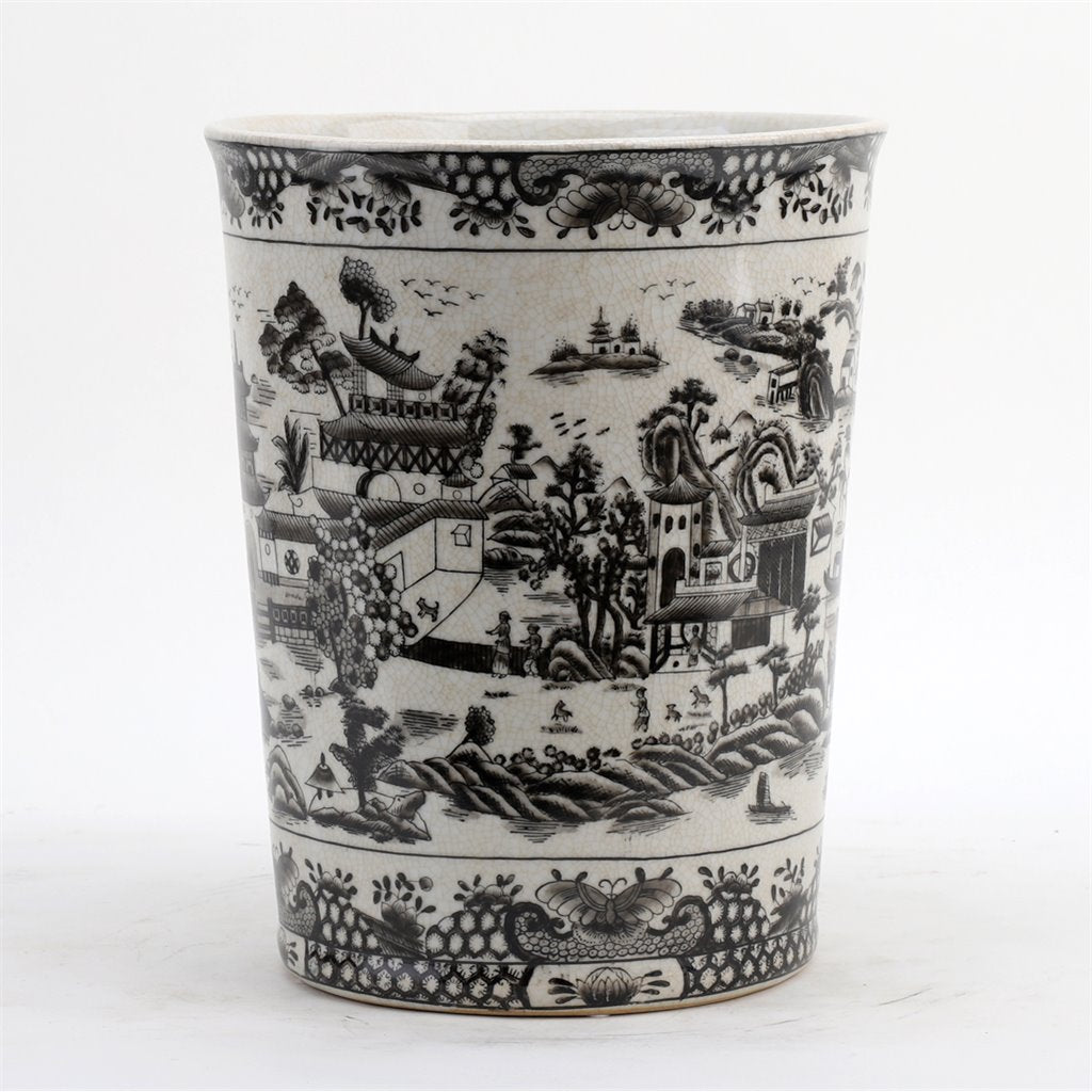 Danny's Fine Porcelain Home Decor Danny's Fine Porcelain Porcelain Round Waste Bin In Black And White Willow Pattern 14229