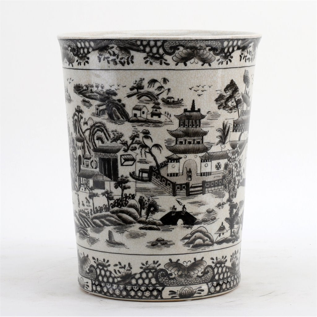 Danny's Fine Porcelain Home Decor Danny's Fine Porcelain Porcelain Round Waste Bin In Black And White Willow Pattern 14229