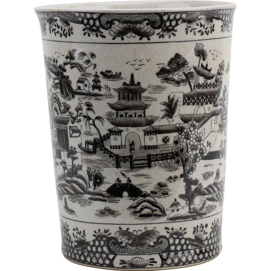 Danny's Fine Porcelain Home Decor Danny's Fine Porcelain Porcelain Round Waste Bin In Black And White Willow Pattern 14229