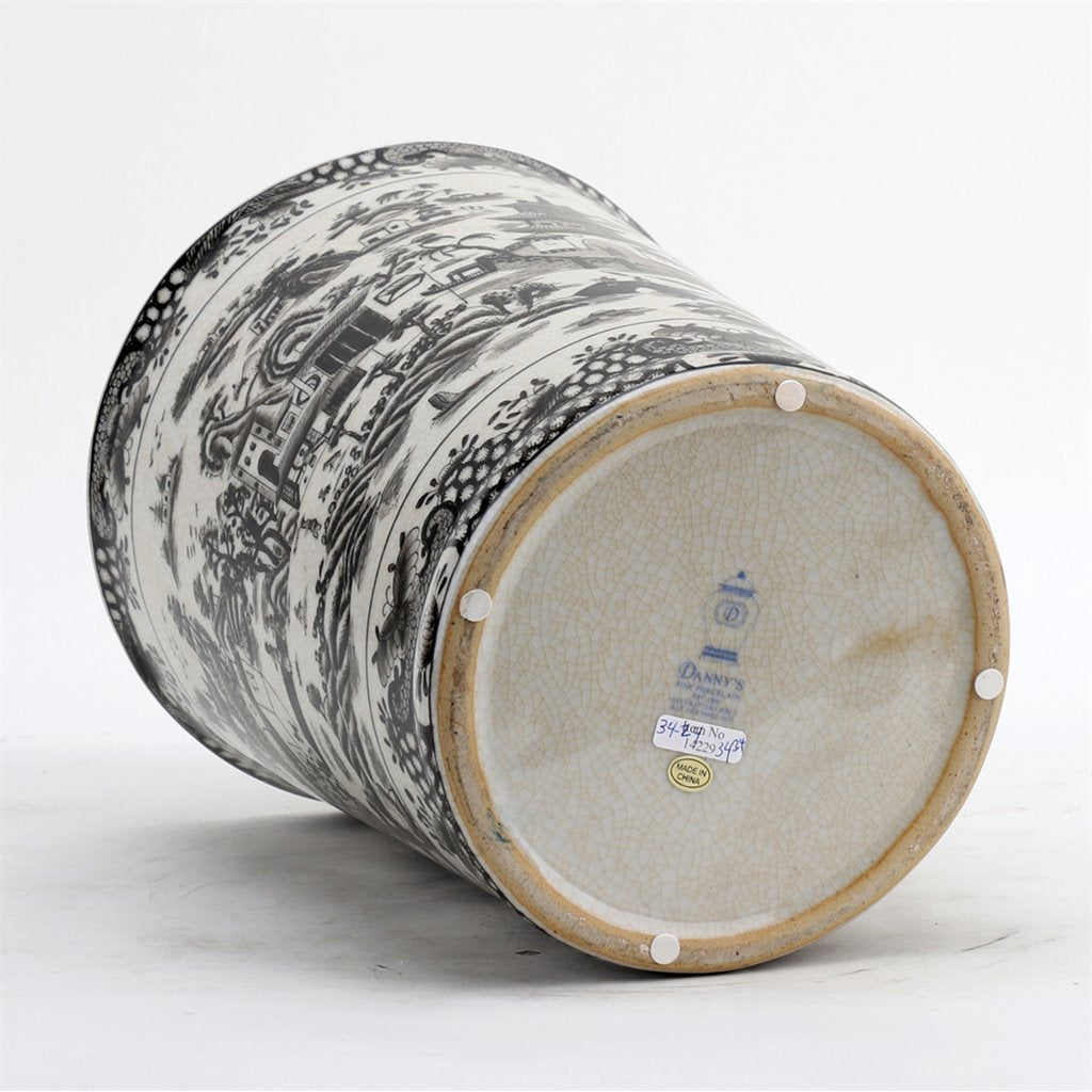 Danny's Fine Porcelain Home Decor Danny's Fine Porcelain Porcelain Round Waste Bin In Black And White Willow Pattern 14229