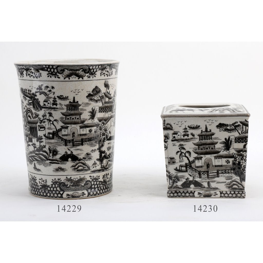Danny's Fine Porcelain Home Decor Danny's Fine Porcelain Porcelain Round Waste Bin In Black And White Willow Pattern 14229
