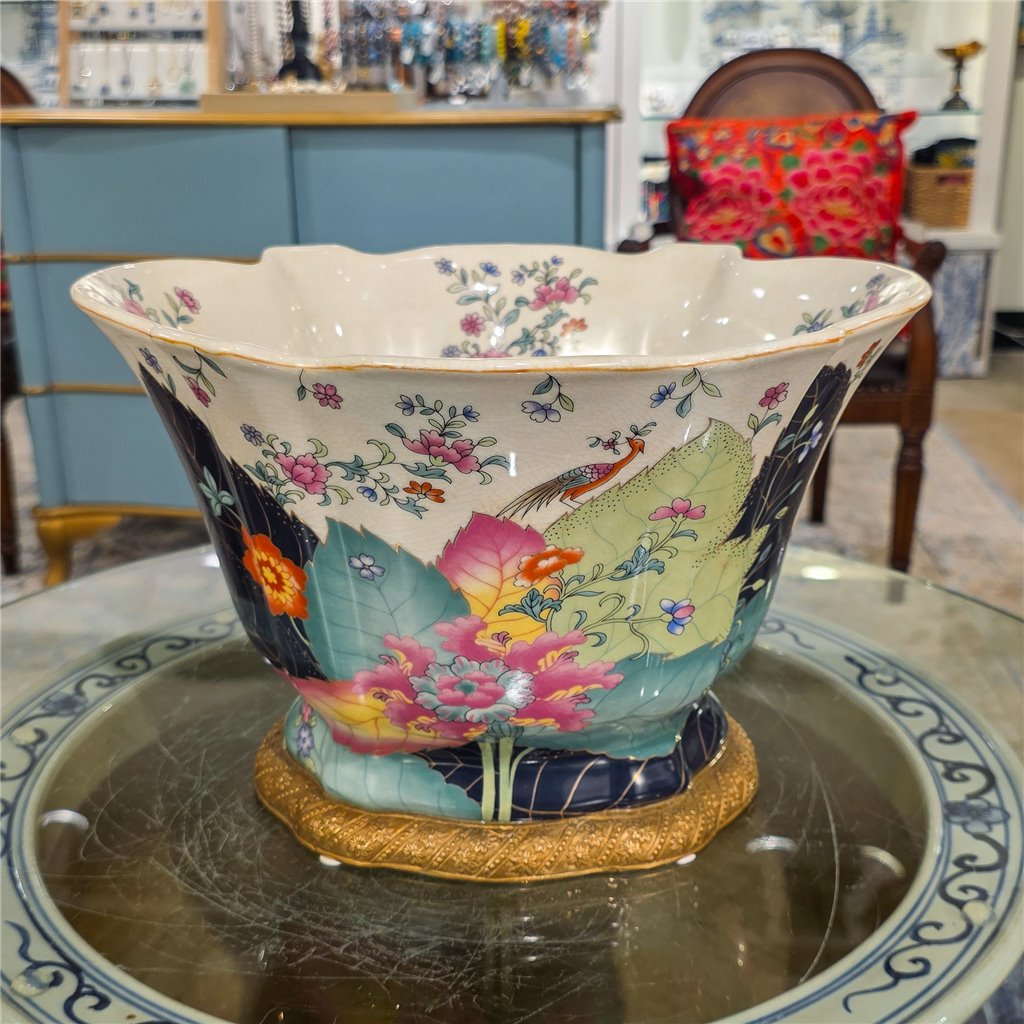 Danny's Fine Porcelain Home Decor Danny's Fine Porcelain Porcelain Scalloped Bowl with Ormolu Base-Tobacco Leaf A Vibrant Porcelain