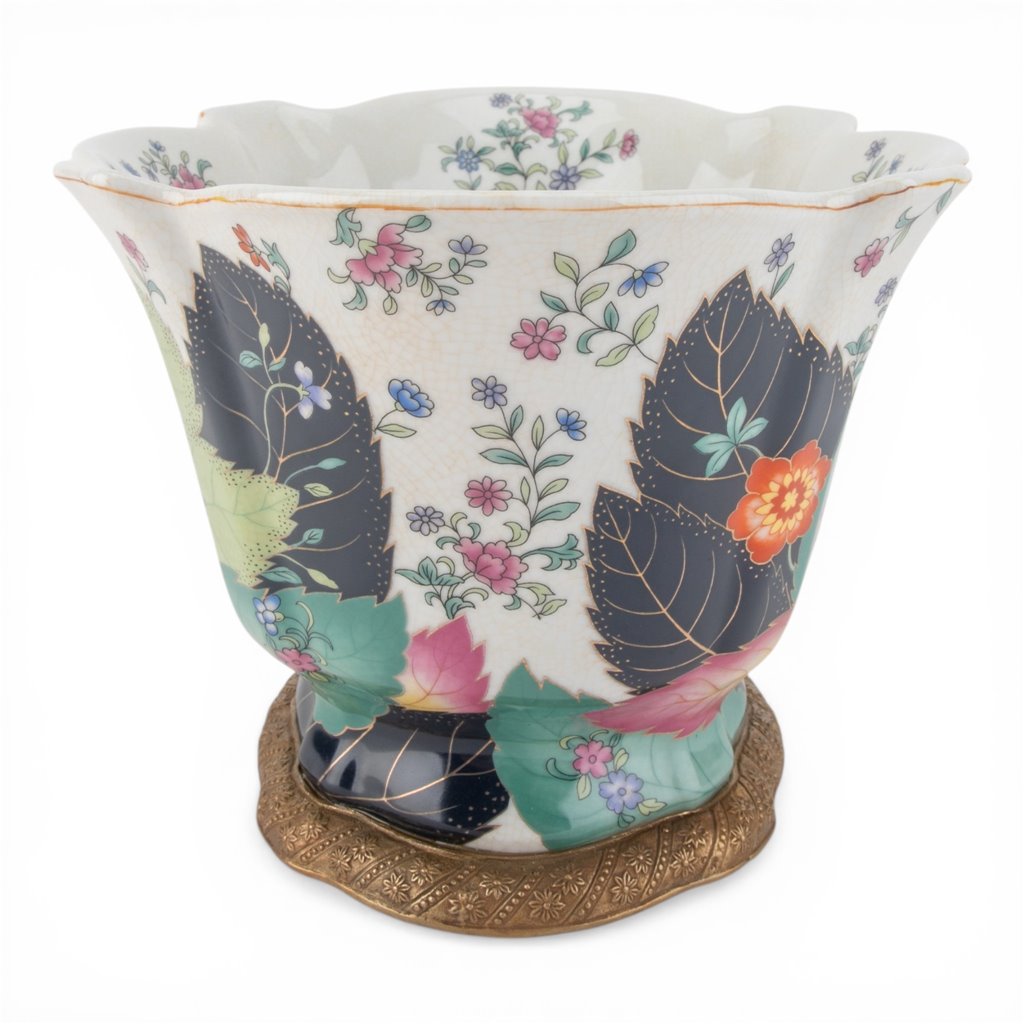 Danny's Fine Porcelain Home Decor Danny's Fine Porcelain Porcelain Scalloped Bowl with Ormolu Base-Tobacco Leaf A Vibrant Porcelain