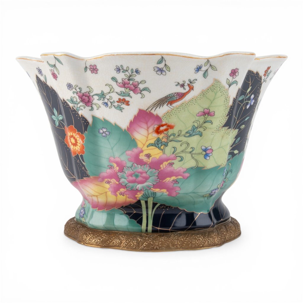 Danny's Fine Porcelain Home Decor Danny's Fine Porcelain Porcelain Scalloped Bowl with Ormolu Base-Tobacco Leaf A Vibrant Porcelain