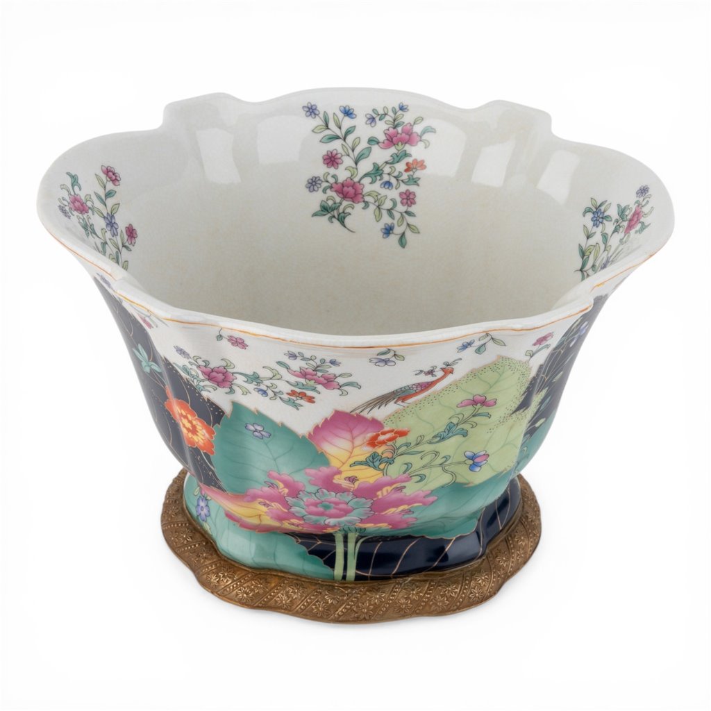 Danny's Fine Porcelain Home Decor Danny's Fine Porcelain Porcelain Scalloped Bowl with Ormolu Base-Tobacco Leaf A Vibrant Porcelain