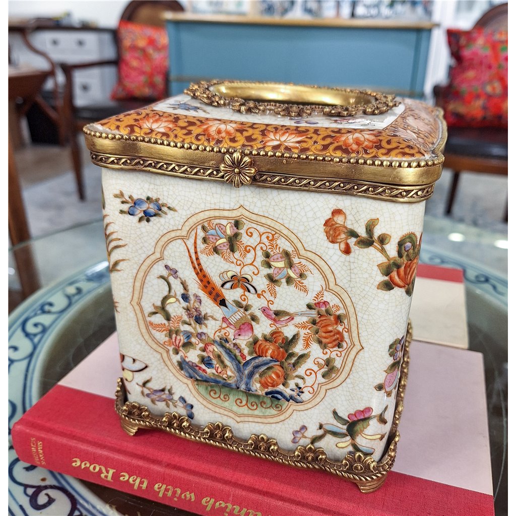 Danny's Fine Porcelain Home Decor Danny's Fine Porcelain Porcelain Square Hinged Tissue Box with Bronze Ormolu - Regency