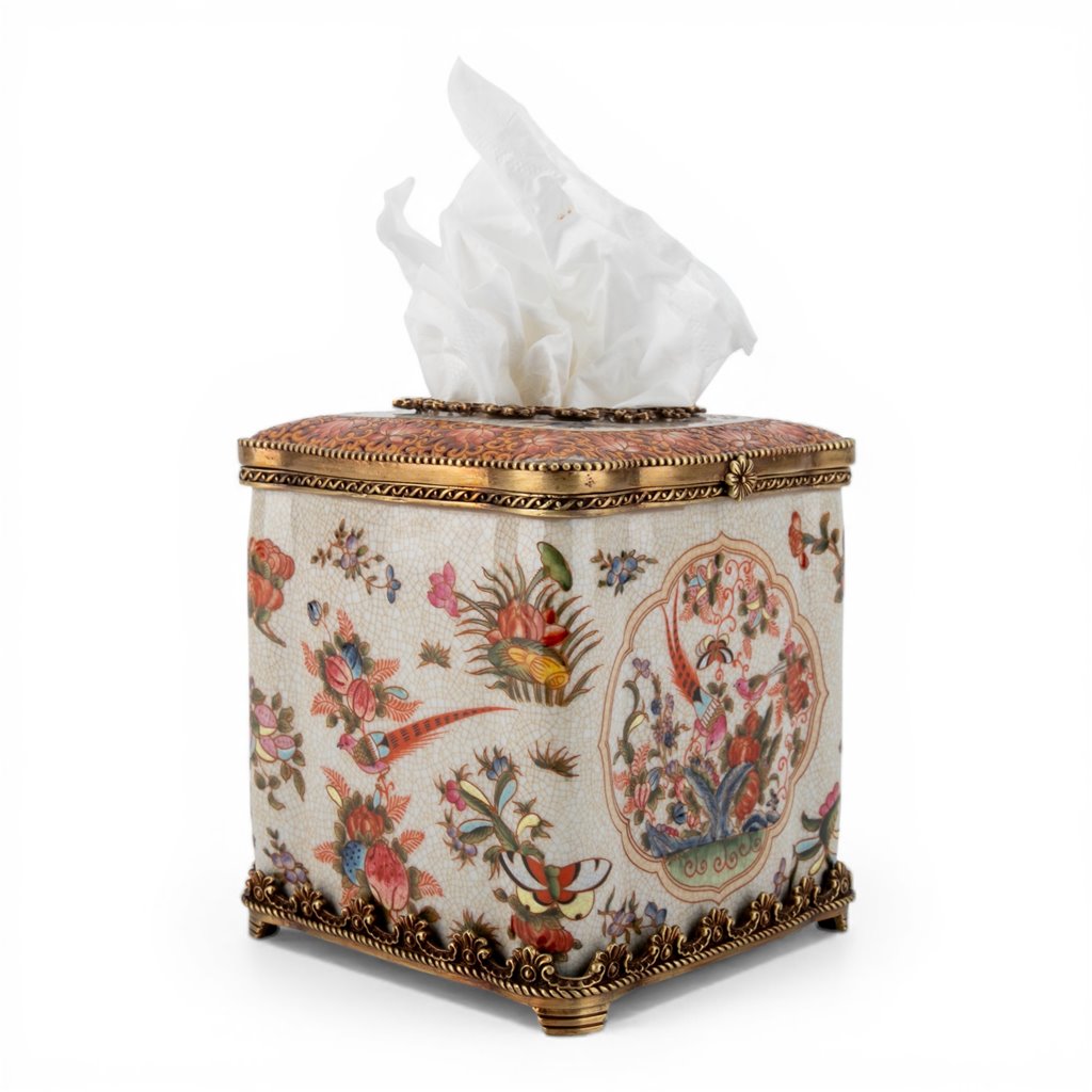 Danny's Fine Porcelain Home Decor Danny's Fine Porcelain Porcelain Square Hinged Tissue Box with Bronze Ormolu - Regency
