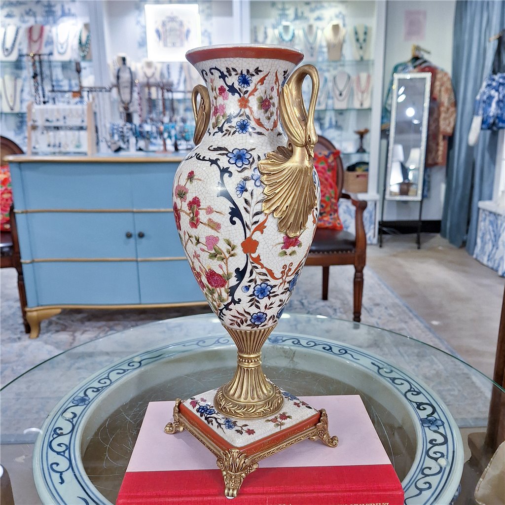 Danny's Fine Porcelain Home Decor Danny's Fine Porcelain Porcelain Swan Handle Vase with Bronze Ormolu - Blossom Scroll