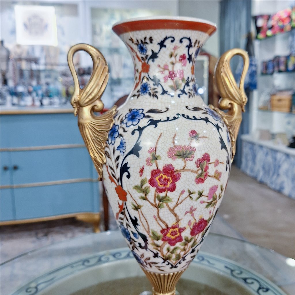 Danny's Fine Porcelain Home Decor Danny's Fine Porcelain Porcelain Swan Handle Vase with Bronze Ormolu - Blossom Scroll