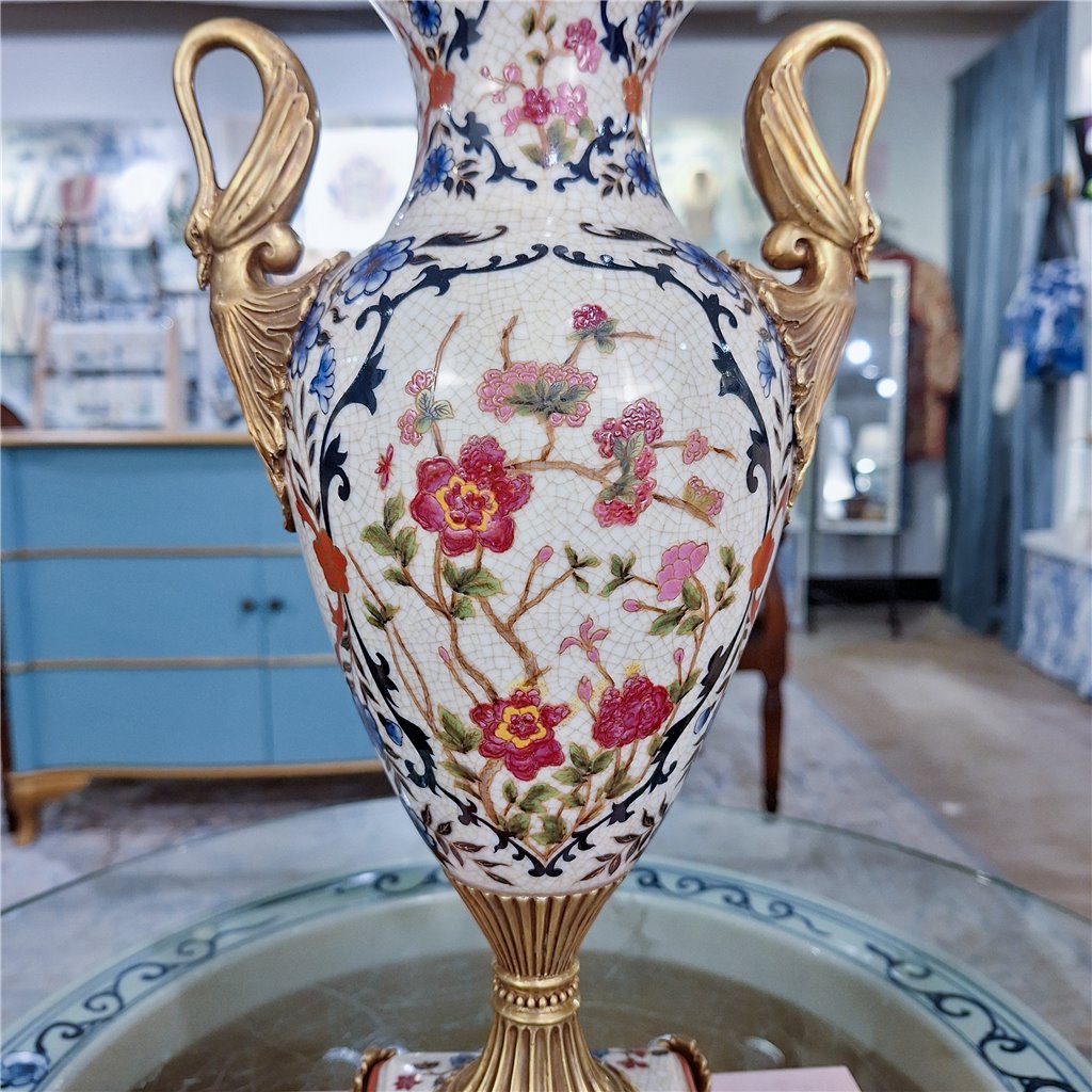 Danny's Fine Porcelain Home Decor Danny's Fine Porcelain Porcelain Swan Handle Vase with Bronze Ormolu - Blossom Scroll