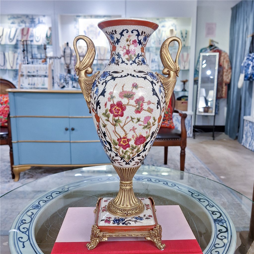 Danny's Fine Porcelain Home Decor Danny's Fine Porcelain Porcelain Swan Handle Vase with Bronze Ormolu - Blossom Scroll