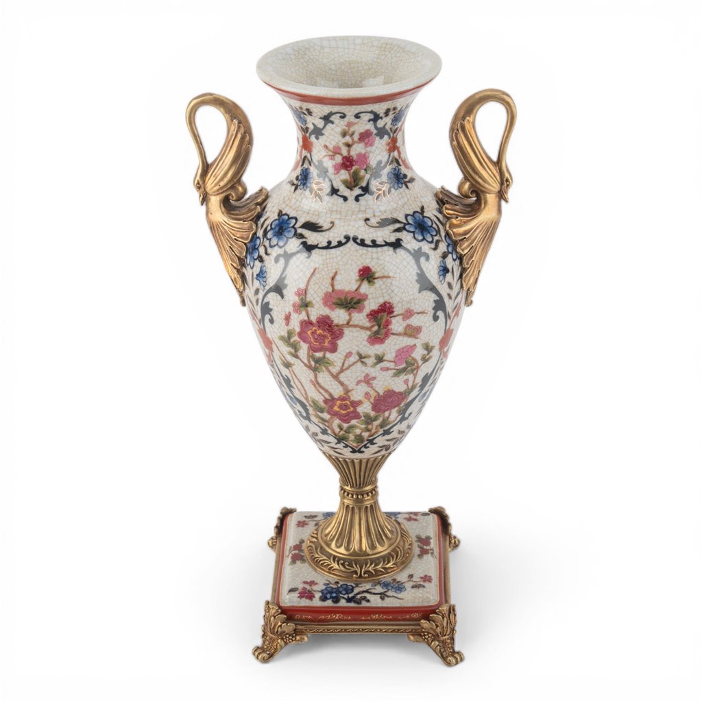 Danny's Fine Porcelain Home Decor Danny's Fine Porcelain Porcelain Swan Handle Vase with Bronze Ormolu - Blossom Scroll