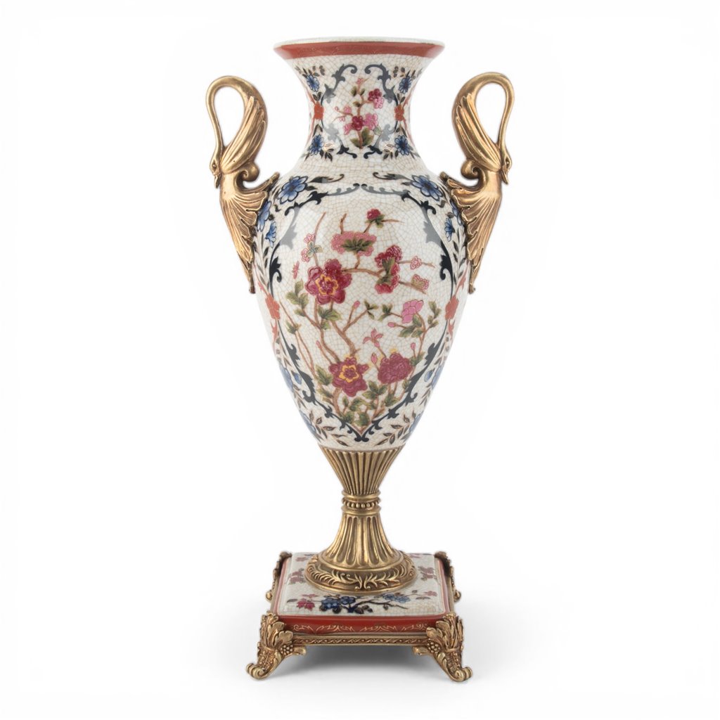 Danny's Fine Porcelain Home Decor Danny's Fine Porcelain Porcelain Swan Handle Vase with Bronze Ormolu - Blossom Scroll